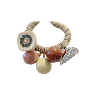 Korean style beige braided hair tie with pearls, colorful beads and a sparkling diamond charm
