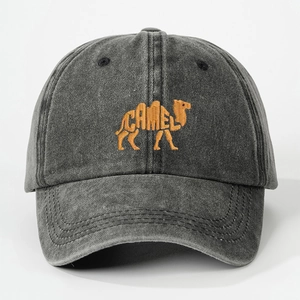 Washed dark grey baseball cap with yellow camel logo embroidery and adjustable back strap