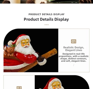 Close-up of Santa Claus resin figurine details including gift bag and bear ornament