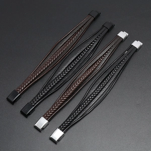 Men's multi-layer braided leather bracelets with magnetic clasps in black and brown finishes