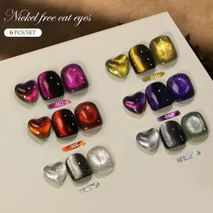 Nickel-free cat eye nail jewelry set featuring heart and square shapes in 6 vibrant colors
