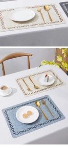 Detail view of rectangular leather placemats with chain patterns in beige and blue colors