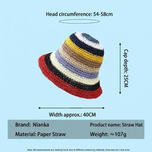 Rainbow striped hand-woven crochet straw sun hat with measurements and paper straw material