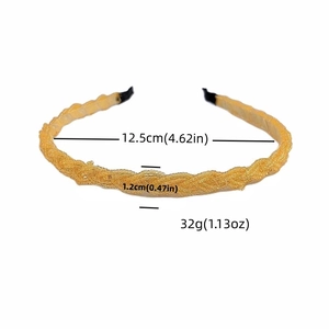 Detail showing dimensions of gold beaded braided headband with size labels