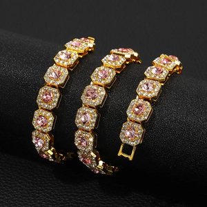 Hip hop style gold Cuban chain necklace with sparkling pink sugar cube rhinestones