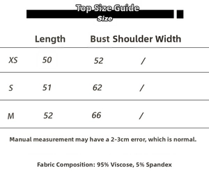 Size guide for V-neck tank top showing XS to M measurements and fabric composition details