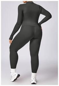 Rear view of charcoal grey high-elastic yoga set featuring long sleeve top and leggings