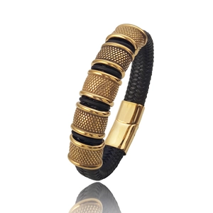 Men's multi-layer braided black leather bracelet with textured gold metal accents
