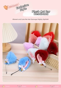 Detail view of plush cat ear headbands with soft fur, satin bows, and small gold bells