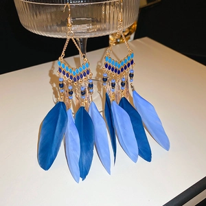 Detail of bohemian drop earrings featuring blue beads and layered ethnic style feathers