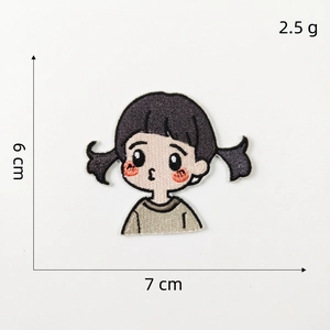 Detailed embroidery stitch of 2.5g cartoon girl patch with 6x7cm dimension lines