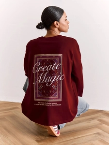 Damen Baumwolle Sweatshirt Langarm Rundhals Drop Shoulder Burgund Amerikanisch Retro Locker Brief Druck Oberteil