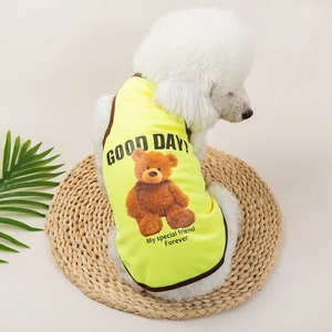 Breathable yellow dog mesh vest with cute teddy bear print for summer pet comfort