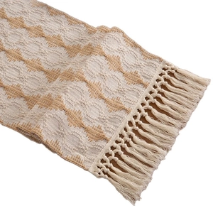 Boho cotton linen table runner with geometric diamond patterns and knotted tassels