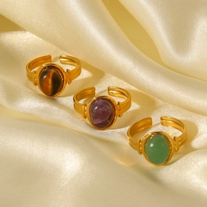 Retro 18K gold plated stainless steel open rings with natural semi-precious gemstones