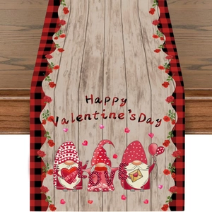 Valentine's Day table runner featuring red gnomes, roses, and LOVE print on wood texture