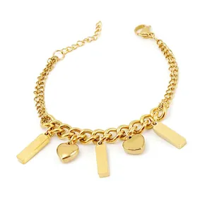 Minimalist 18K Gold Plated Stainless Steel Charm Bracelet For Women With Polished Heart And Bar Geometric Pendants Fashion Jewelry