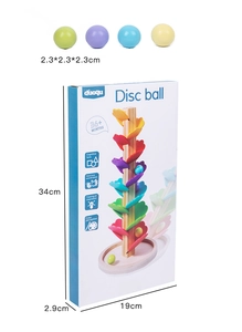 Rainbow musical tree toy packaging showing product dimensions and wooden ball accessories