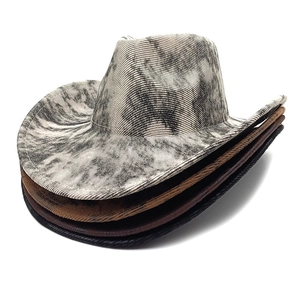 Stack of four corduroy western cowboy hats in gray marble, tan, brown, and black colors