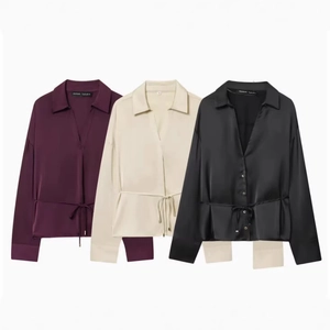 Blusa In Raso Da Donna Elegante Scollo A V Maniche Lunghe Vita Con Coulisse Tinta Unita Camicia Di Raso