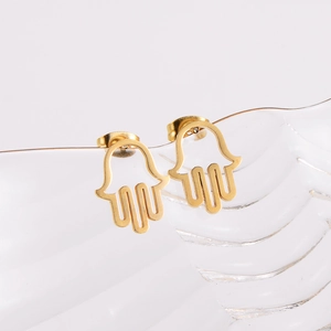 Goldene Hamsa-Hand-Ohrstecker aus Edelstahl mit hohlem Design auf Glassockel