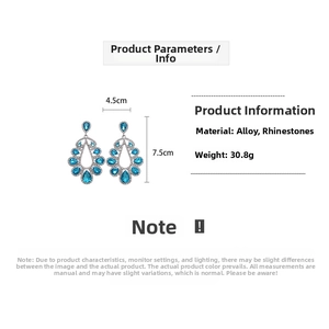 Detail showing blue teardrop rhinestone earrings size 4.5x7.5cm and 30.8g weight