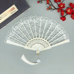 Elegant Vintage Lace Folding Hand Fan With Plastic Gold Pattern Ribs For Wedding Dancing Party Chinese Style Performance