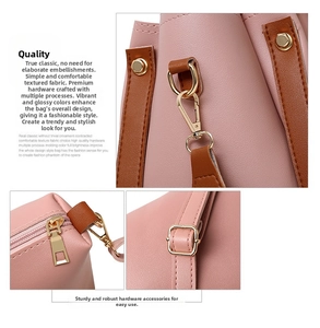 Detail of pink and brown PU leather handbag featuring polished gold metal hardware and zippers