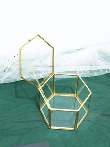 Macro detail of hexagonal gold metal and clear glass jewelry box on green fabric