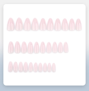Detailed flat lay of 30 pieces light pink almond shaped press-on nails in various sizes