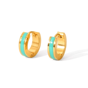 Detailed close-up of 18K gold-plated stainless steel earrings with mint green enamel inlay