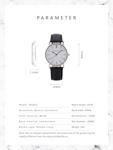 Detailed specs of the MREURIO quartz watch with 38mm dial and black leather strap
