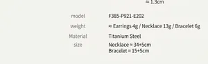 Detailed size specifications for titanium steel necklace, bracelet, and earrings set