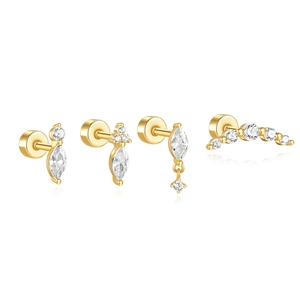 Detailed set of four gold S925 silver stud earrings with sparkling cubic zirconia