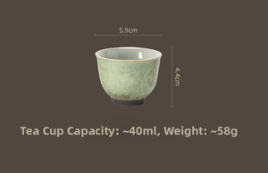 Detailed view of ceramic tea cup with reactive glaze showing 5.9cm diameter and 40ml capacity