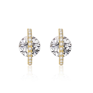 Golden planet stud earrings with sparkling round zircon and micro-pave diamond bar