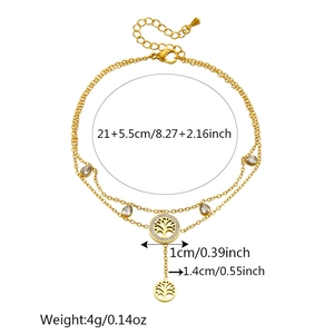 Gold double-layered anklet featuring Tree of Life pendant and water drop crystal charm