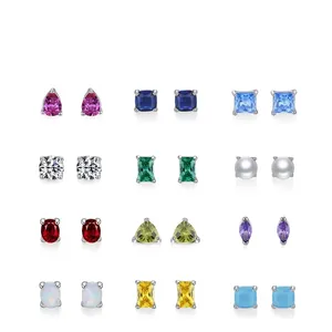 925 Sterling Silver Stud Earrings With Colorful Geometric Birthstone Cubic Zirconia For Women Minimalist Jewelry Accessory
