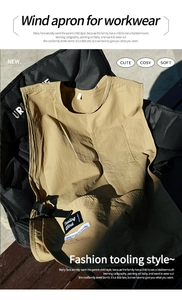 Detail of khaki waterproof apron with multiple storage pockets and Tooling Wind patch