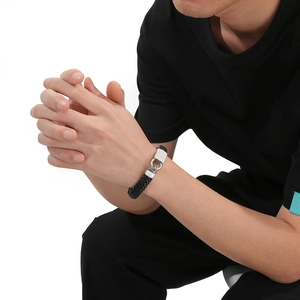Fashionable double-layer woven leather bracelet for men with steel spring clasp