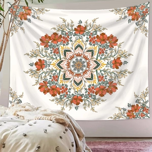 Bohemian mandala wall tapestry with orange and yellow floral patterns for home decor