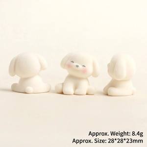Three-angle macro view of a 8.4g white flocked puppy figurine with precise measurements