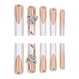 French long coffin press-on nails with silver alloy bows and sparkling gradient rhinestones