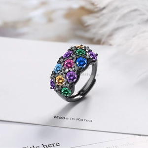 Black gold adjustable ring with multi-color gemstones and micro-pave cubic zirconia