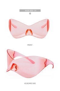 Frameless Y2K cycling sunglasses in rose red with curved shield lens detail