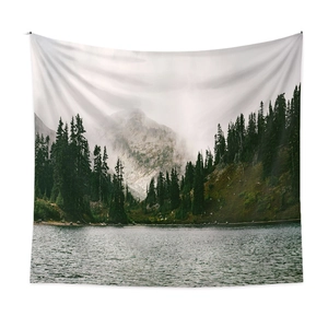 Bohemian forest tapestry featuring pine trees and misty mountains for room wall decor