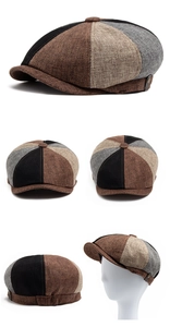 Detail of breathable linen texture and multi-color patchwork on vintage newsboy cap