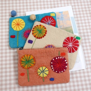 Handmade Wool Felt Coin Purse Floral Embroidery Zippered Mini Pouch Vintage Aesthetic Portable Small Storage Bag