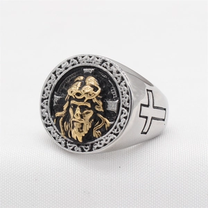 Vintage retro cross signet ring for men in silver and gold dual-tone stainless steel
