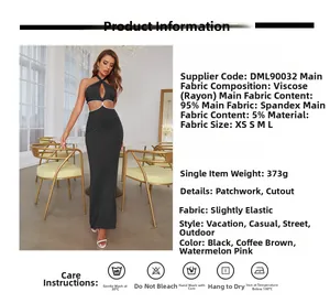 Detail chart of halter backless dress showing 95% viscose fabric and size specifications